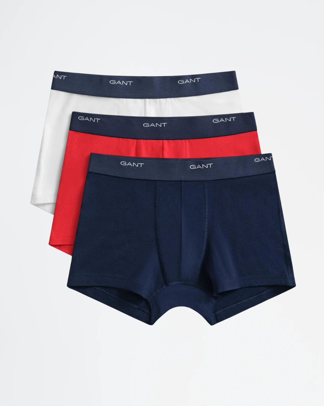 Pack de 3 bóxers GANT en algodón elástico color azul, rojo y blanco.